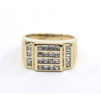 14K Yellow Gold Mens Princess Cut CZ Channel Set Statement Signet Ring