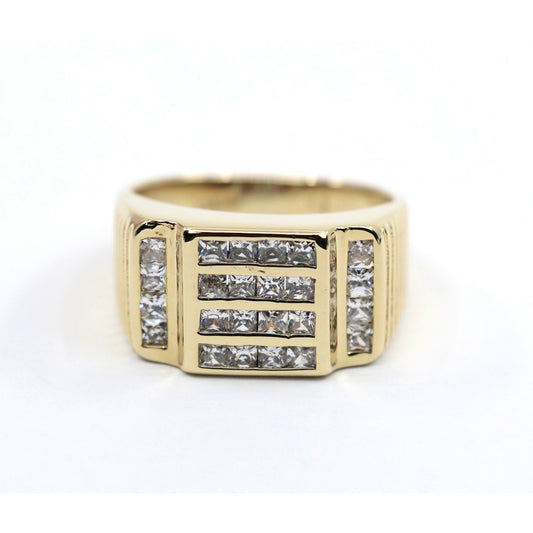 14K Yellow Gold Mens Princess Cut CZ Channel Set Statement Signet Ring