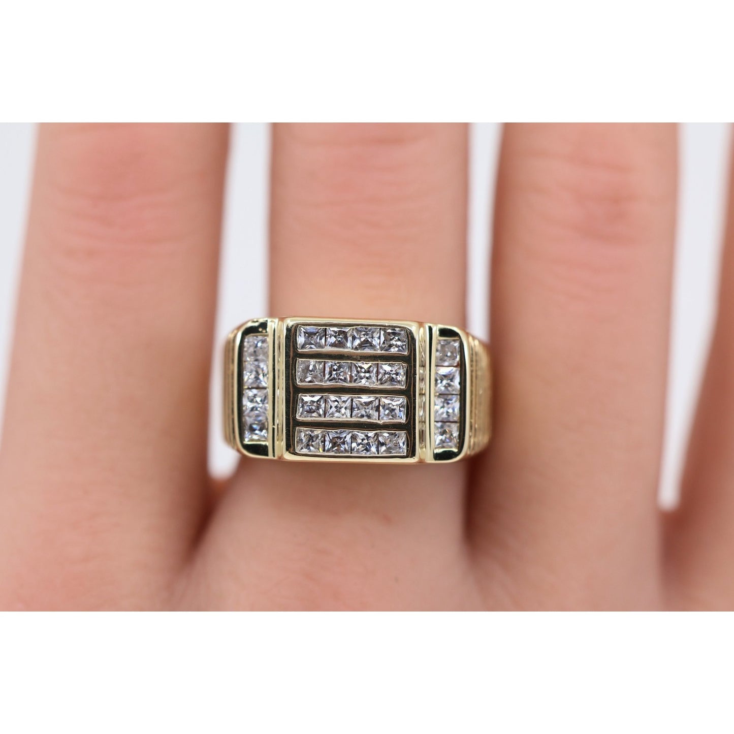 14K Yellow Gold Mens Princess Cut CZ Channel Set Statement Signet Ring