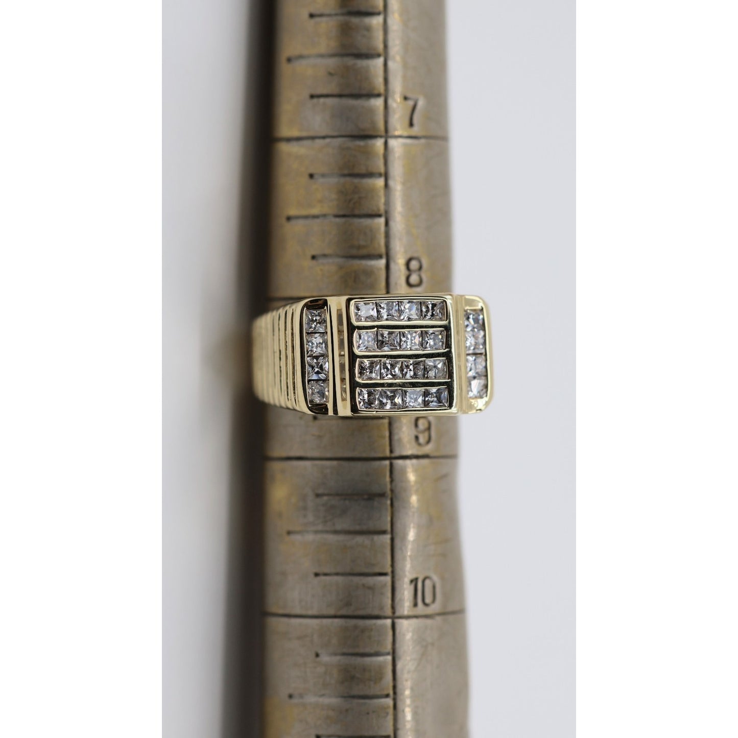 14K Yellow Gold Mens Princess Cut CZ Channel Set Statement Signet Ring
