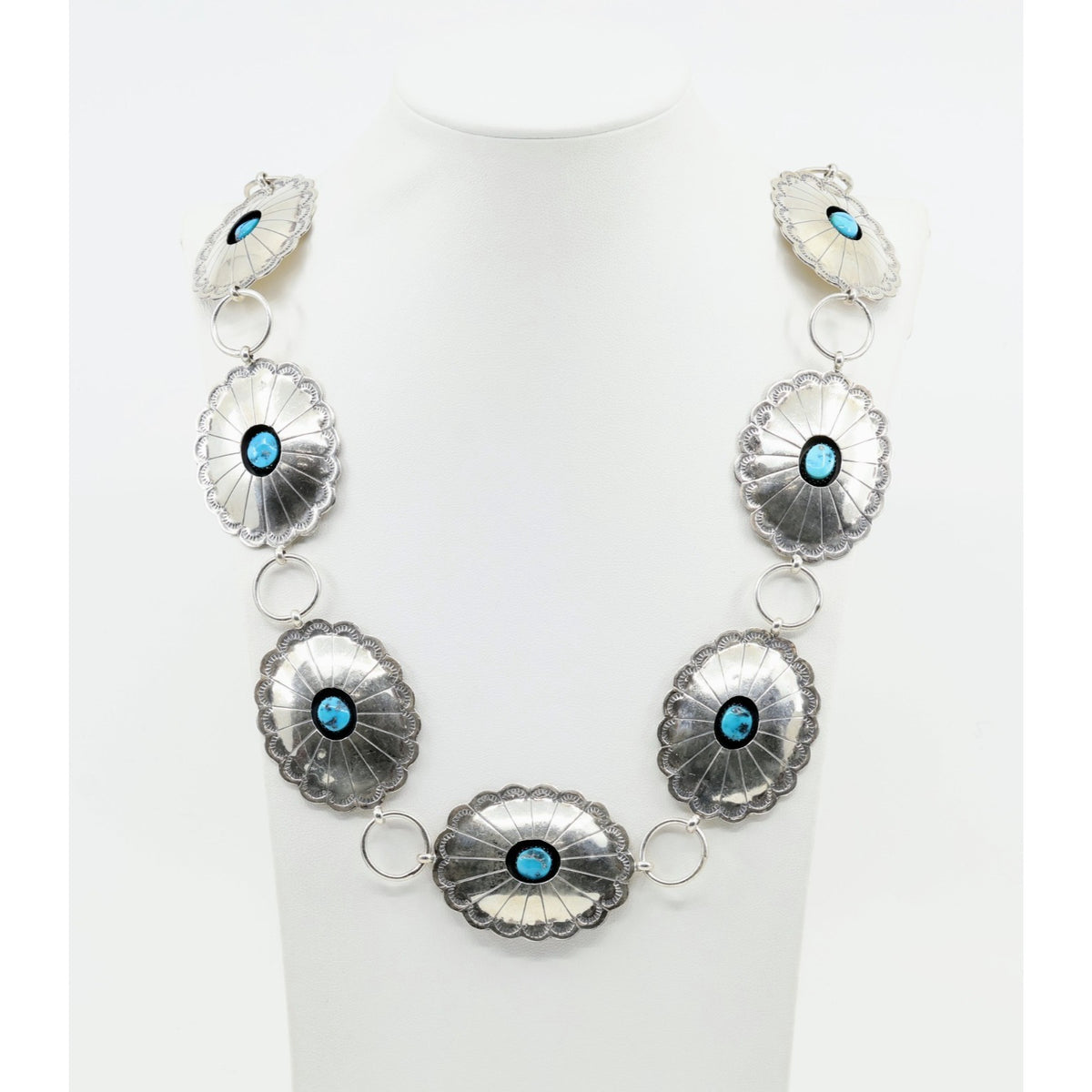 Vintage Sterling Silver Turquoise Concho Belt Necklace Southwestern