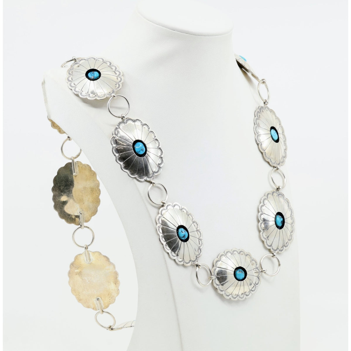 Vintage Sterling Silver Turquoise Concho Belt Necklace Southwestern