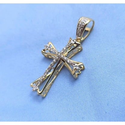 14K Two Tone Gold Diamond Cross Charm Pendant