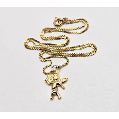 18K Yellow Gold Box Link Chain Necklace & Baby Angel Charm Pendant