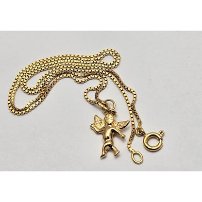 18K Yellow Gold Box Link Chain Necklace & Baby Angel Charm Pendant