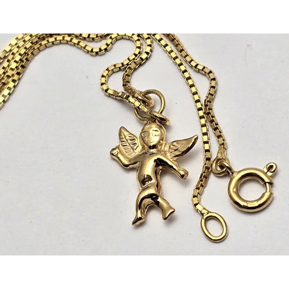 18K Yellow Gold Box Link Chain Necklace & Baby Angel Charm Pendant