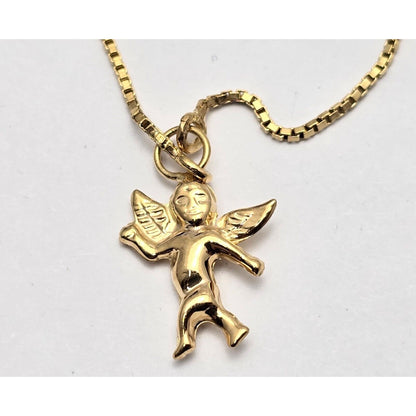 18K Yellow Gold Box Link Chain Necklace & Baby Angel Charm Pendant