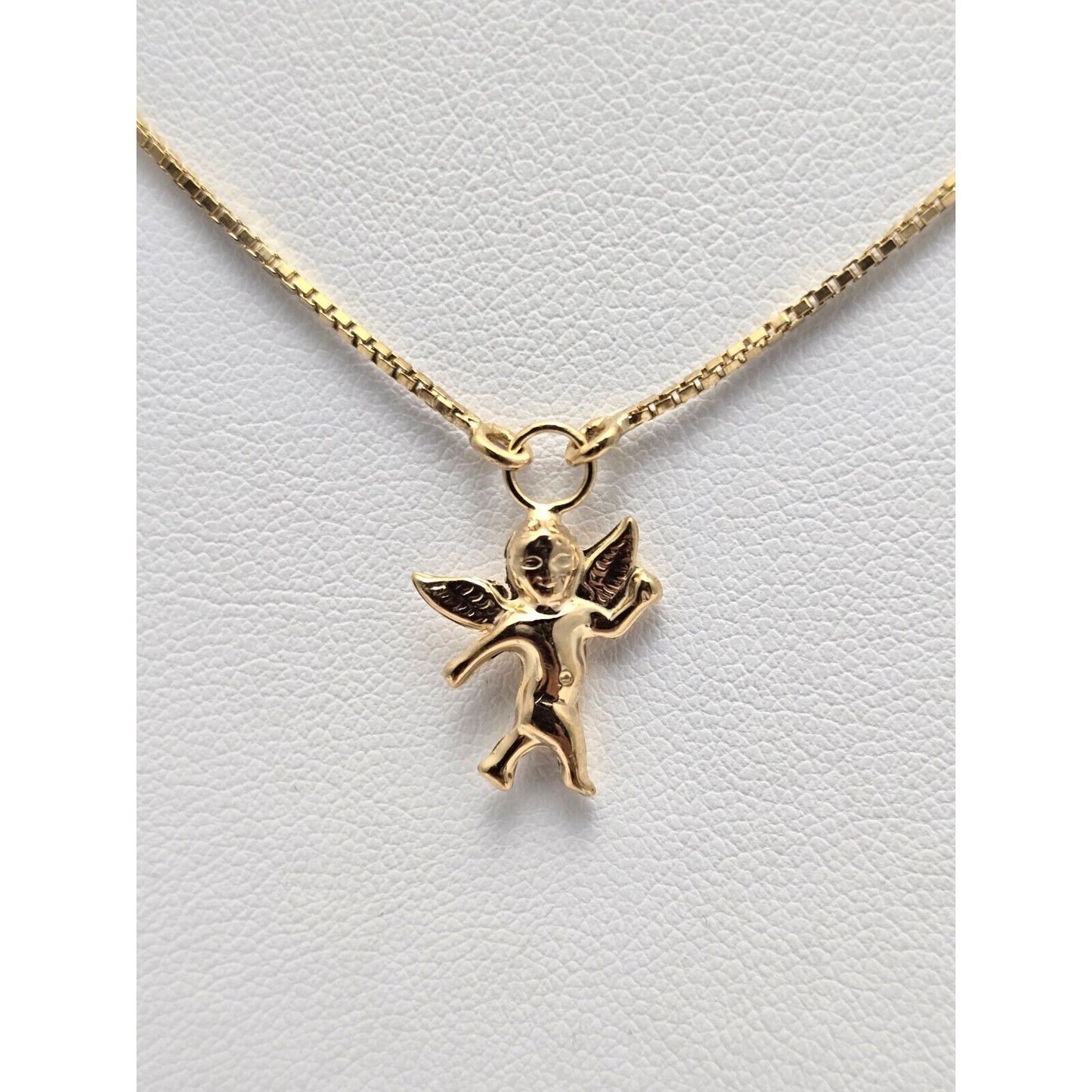 18K Yellow Gold Box Link Chain Necklace & Baby Angel Charm Pendant