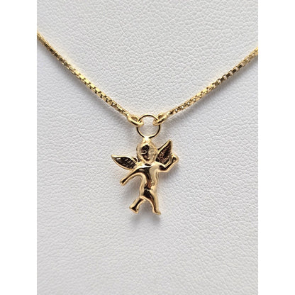 18K Yellow Gold Box Link Chain Necklace & Baby Angel Charm Pendant