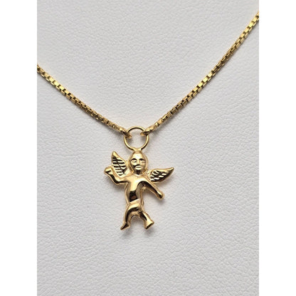 18K Yellow Gold Box Link Chain Necklace & Baby Angel Charm Pendant