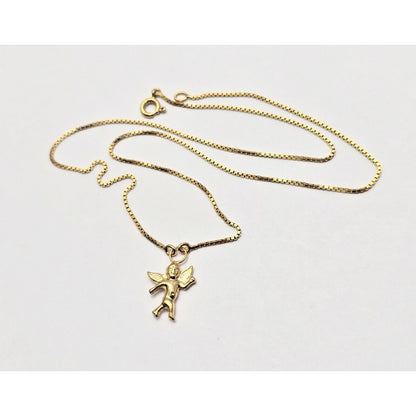 18K Yellow Gold Box Link Chain Necklace & Baby Angel Charm Pendant