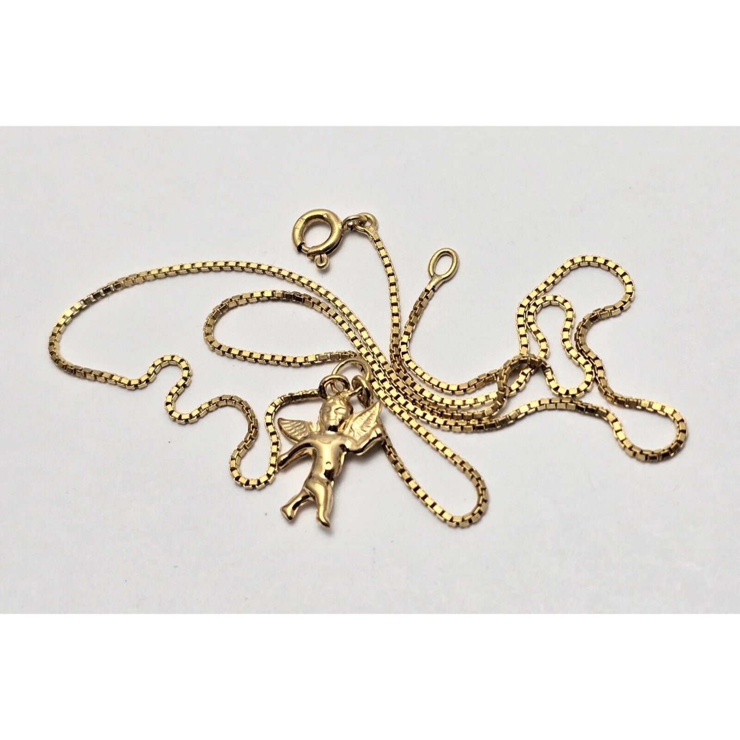 18K Yellow Gold Box Link Chain Necklace & Baby Angel Charm Pendant