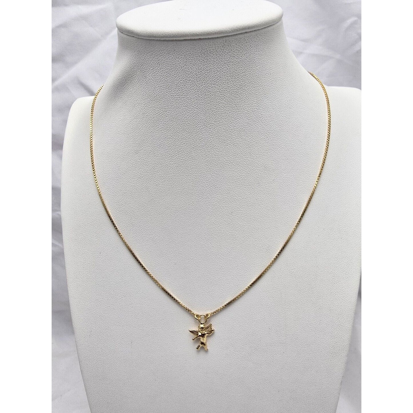18K Yellow Gold Box Link Chain Necklace & Baby Angel Charm Pendant