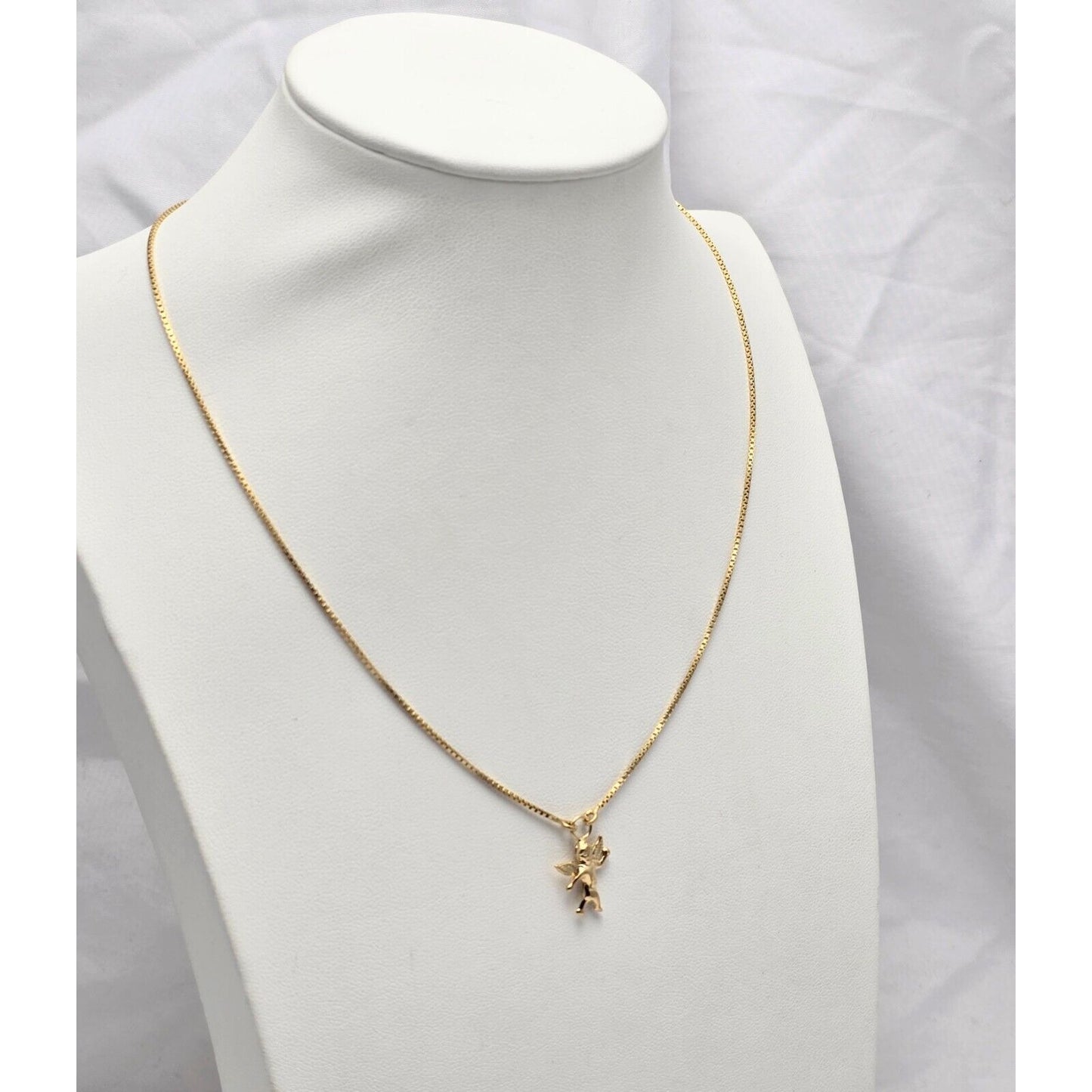 18K Yellow Gold Box Link Chain Necklace & Baby Angel Charm Pendant