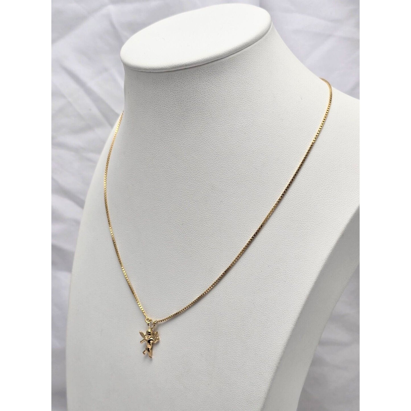 18K Yellow Gold Box Link Chain Necklace & Baby Angel Charm Pendant