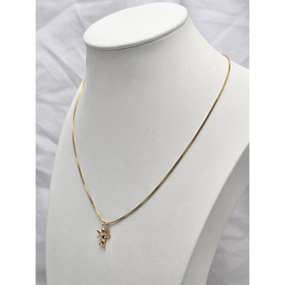 18K Yellow Gold Box Link Chain Necklace & Baby Angel Charm Pendant