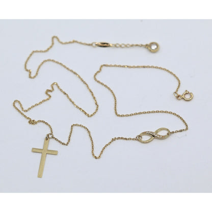 14K Yellow Gold Resizable Infinity Cross Charm Pendant Cable Link Chain Necklace