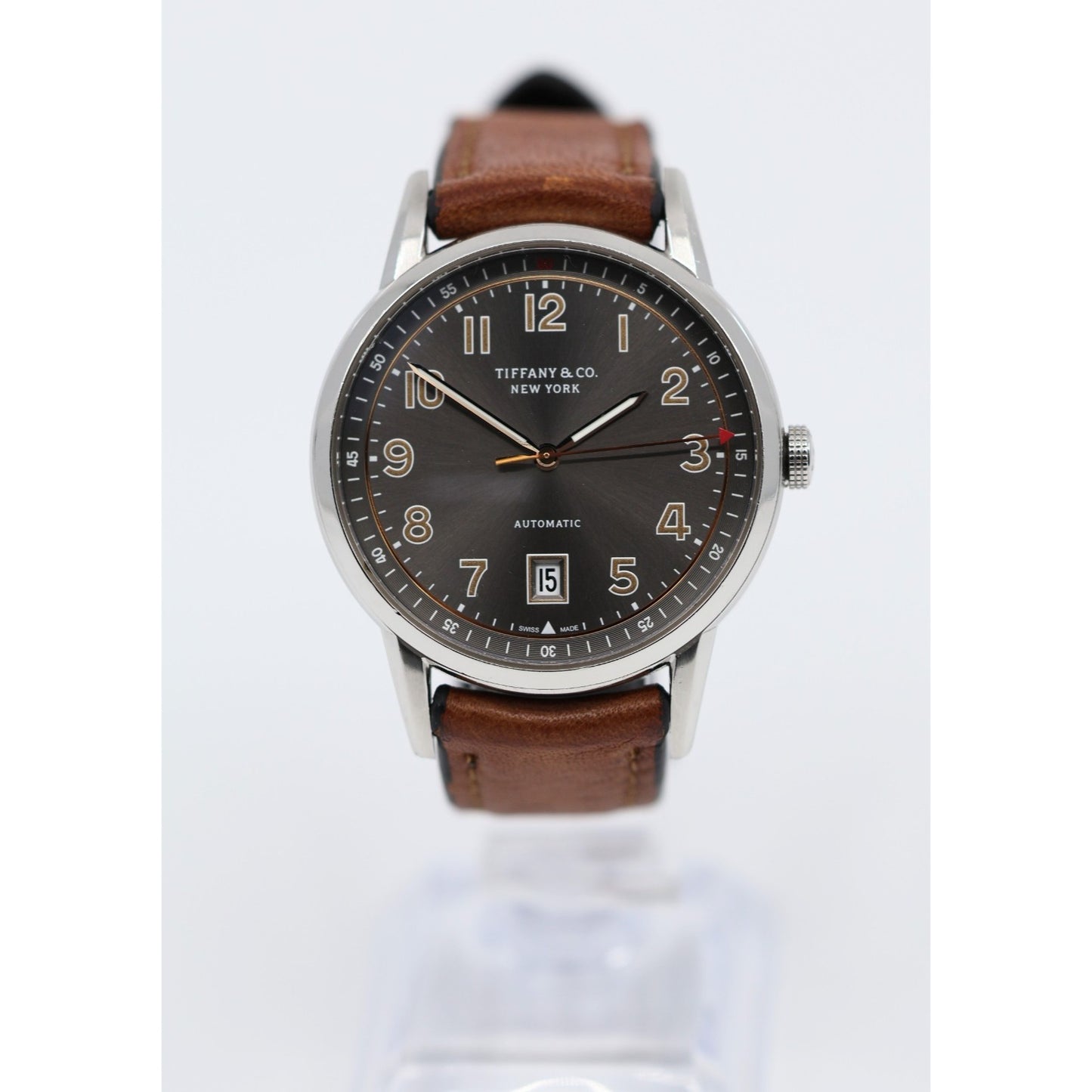 Tiffany & Co. CT60 Stainless Steel 40mm Men's Watch Brown Leather Band Gray Dial