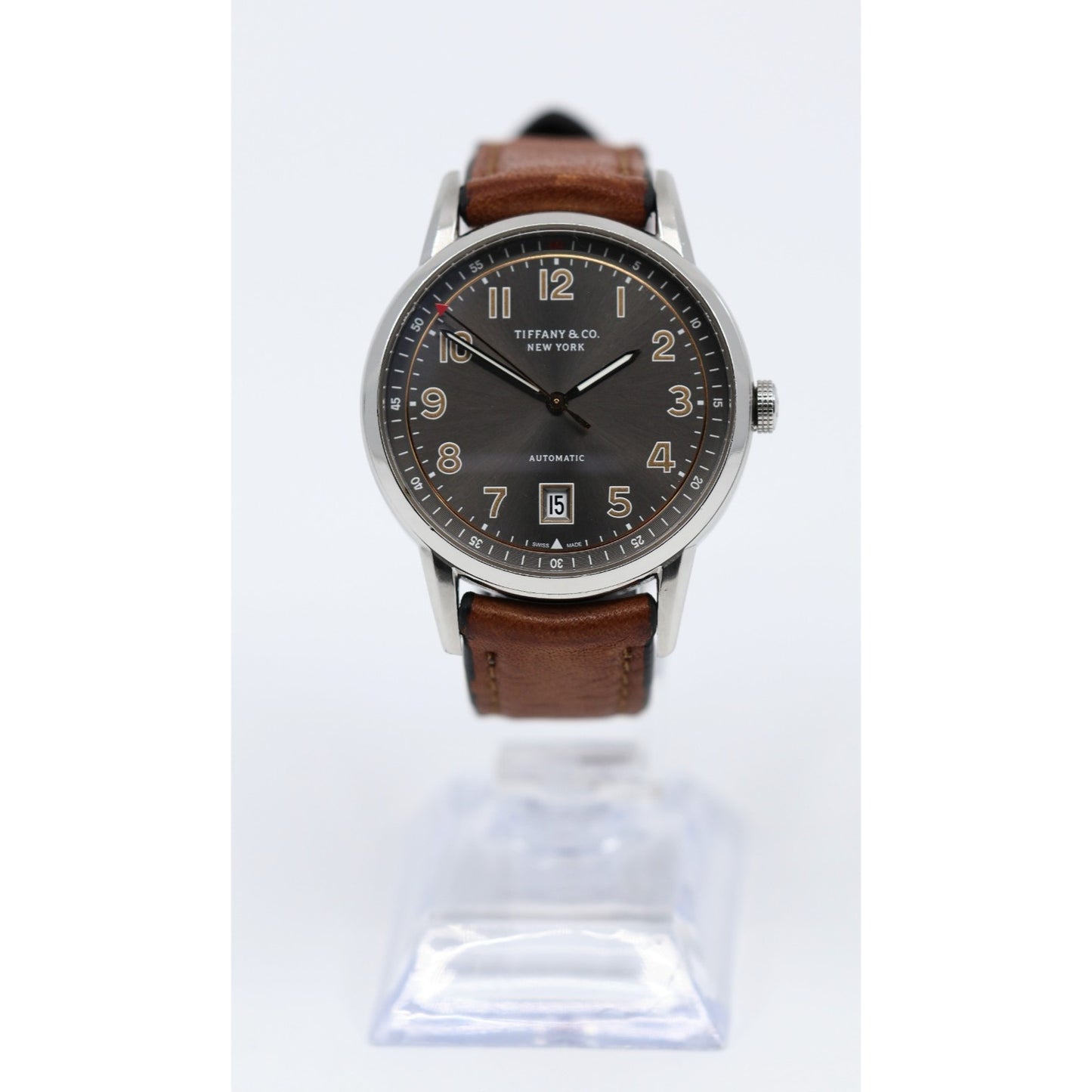 Tiffany & Co. CT60 Stainless Steel 40mm Men's Watch Brown Leather Band Gray Dial