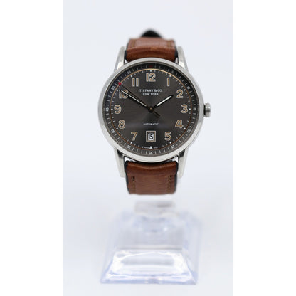 Tiffany & Co. CT60 Stainless Steel 40mm Men's Watch Brown Leather Band Gray Dial