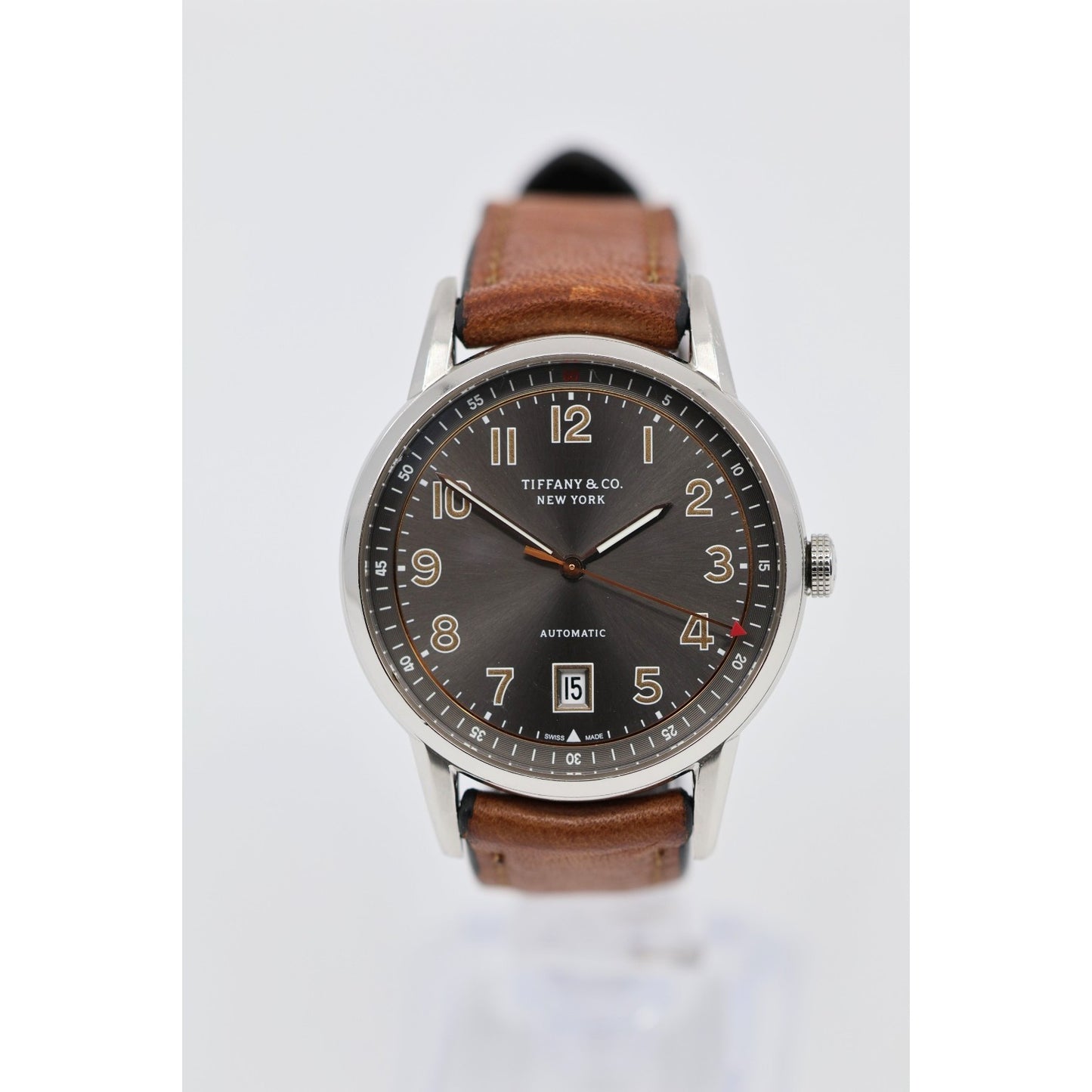 Tiffany & Co. CT60 Stainless Steel 40mm Men's Watch Brown Leather Band Gray Dial