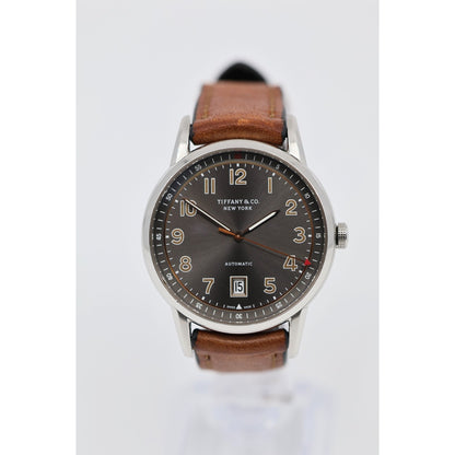 Tiffany & Co. CT60 Stainless Steel 40mm Men's Watch Brown Leather Band Gray Dial