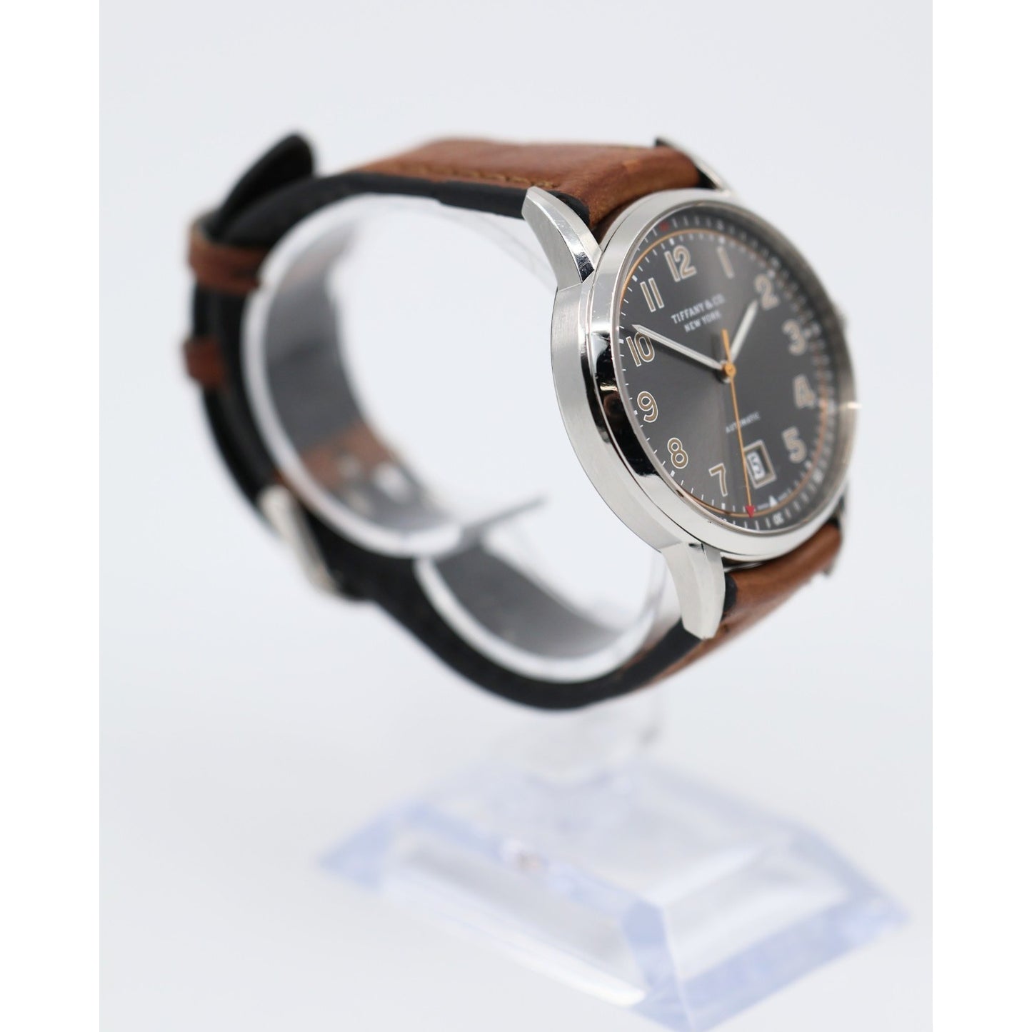 Tiffany & Co. CT60 Stainless Steel 40mm Men's Watch Brown Leather Band Gray Dial