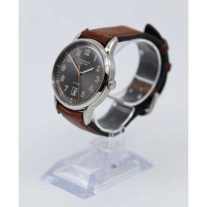 Tiffany & Co. CT60 Stainless Steel 40mm Men's Watch Brown Leather Band Gray Dial