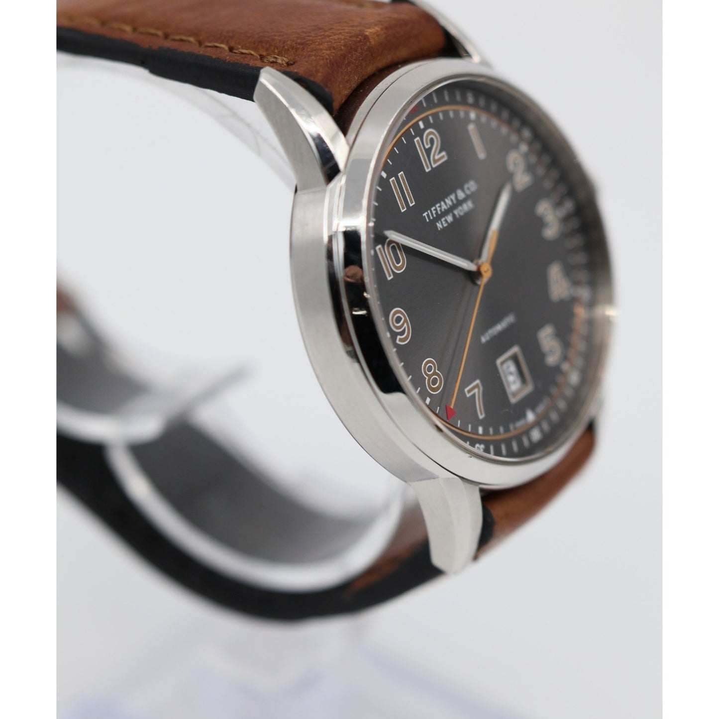 Tiffany & Co. CT60 Stainless Steel 40mm Men's Watch Brown Leather Band Gray Dial