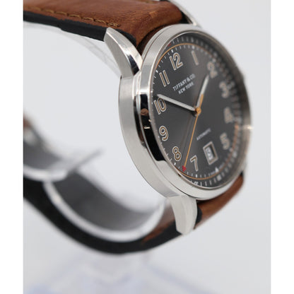 Tiffany & Co. CT60 Stainless Steel 40mm Men's Watch Brown Leather Band Gray Dial