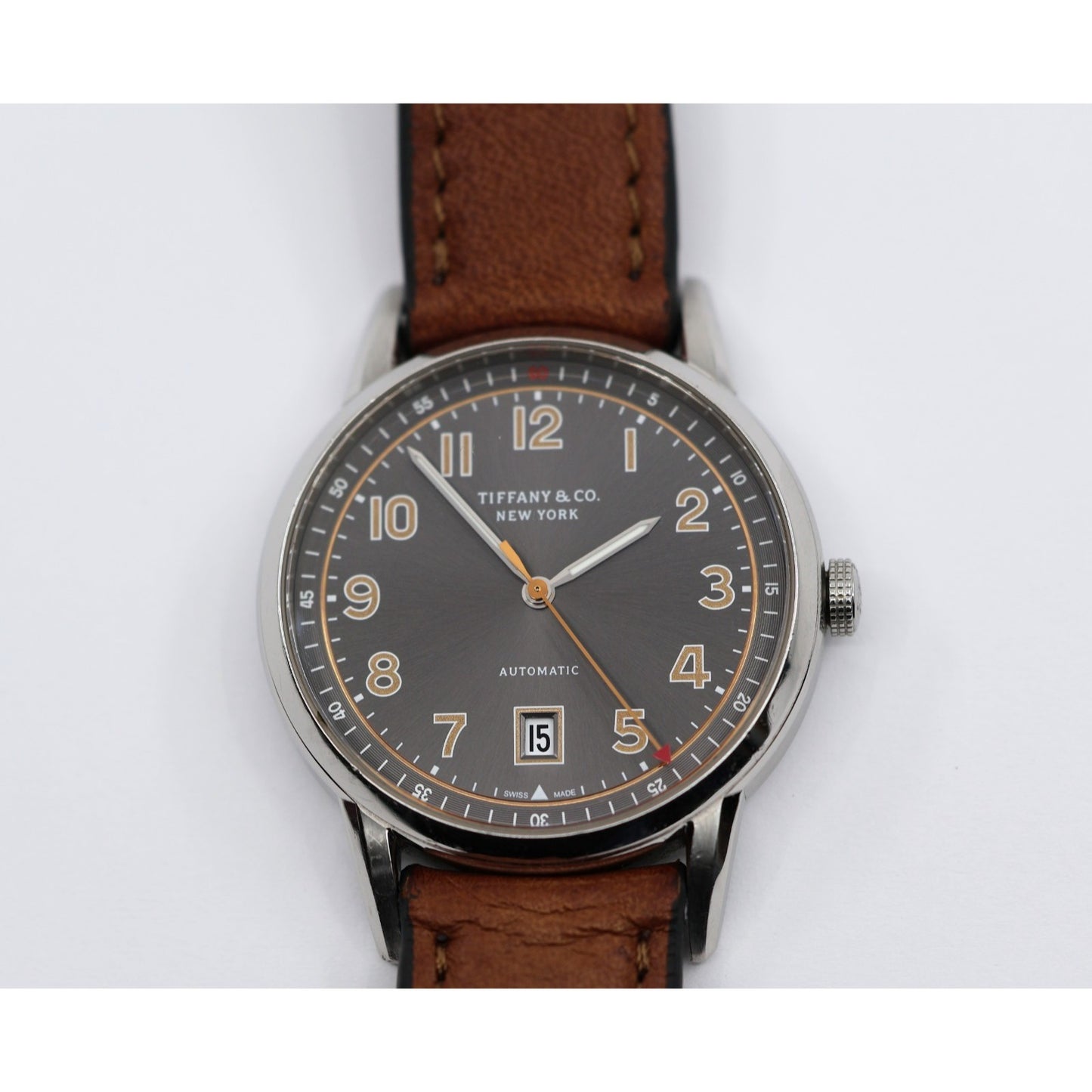 Tiffany & Co. CT60 Stainless Steel 40mm Men's Watch Brown Leather Band Gray Dial