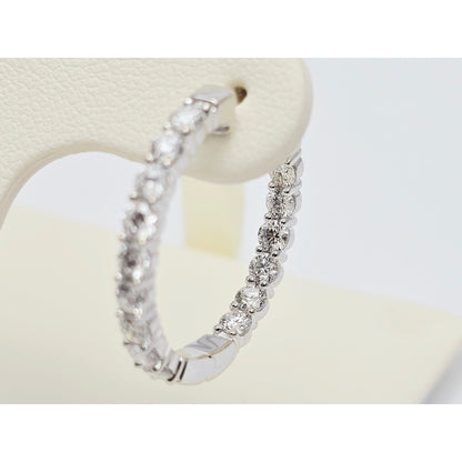 14K White Gold Double Diamond Round Hoop Earrings