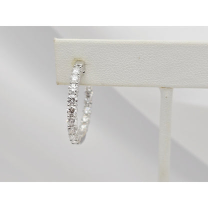 14K White Gold Double Diamond Round Hoop Earrings