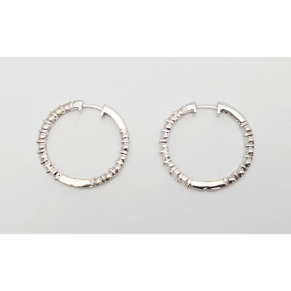 14K White Gold Double Diamond Round Hoop Earrings