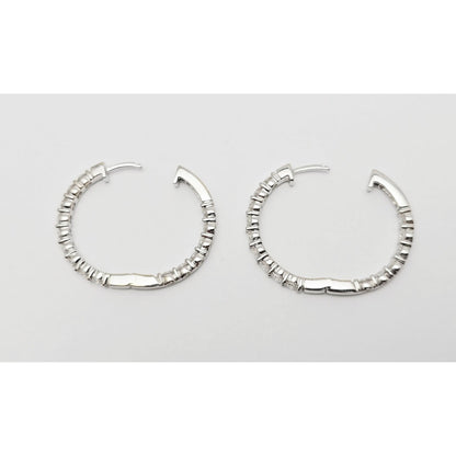 14K White Gold Double Diamond Round Hoop Earrings