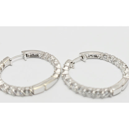 14K White Gold Double Diamond Round Hoop Earrings
