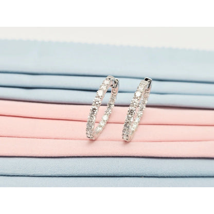 14K White Gold Double Diamond Round Hoop Earrings