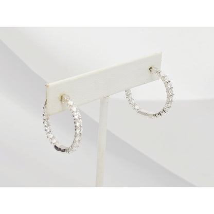 14K White Gold Double Diamond Round Hoop Earrings