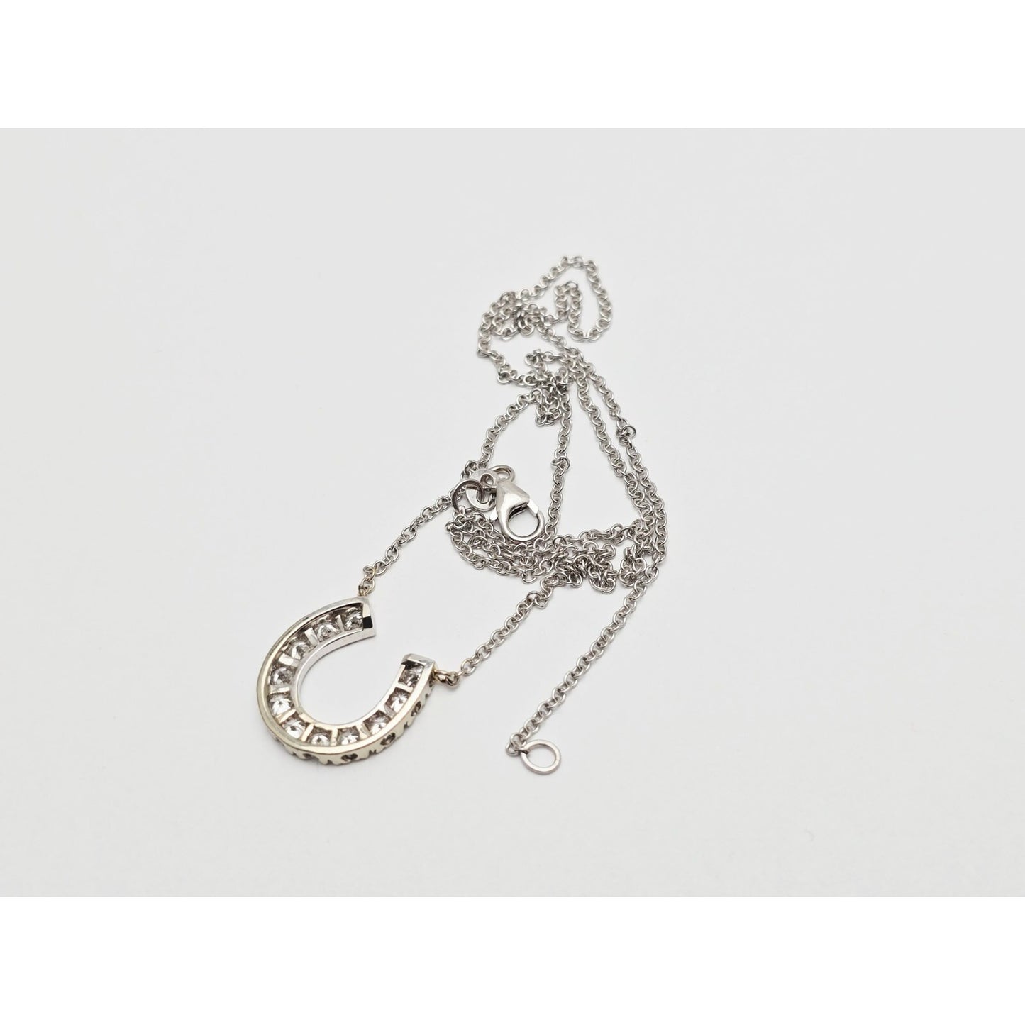 14K White Gold Cable Link Chain Necklace & Diamond Horseshoe Charm Pendant