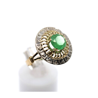 Vintage 14K Two Tone Gold Green Emerald Diamond Halo Cocktail Ring