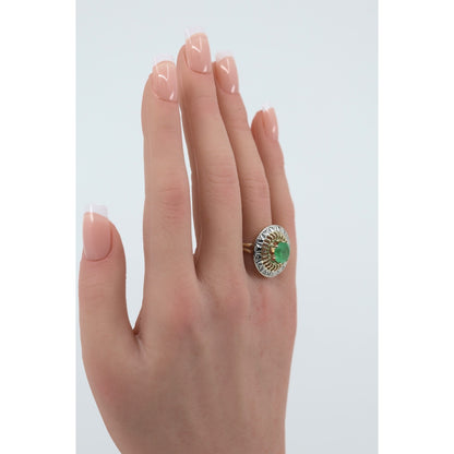 Vintage 14K Two Tone Gold Green Emerald Diamond Halo Cocktail Ring