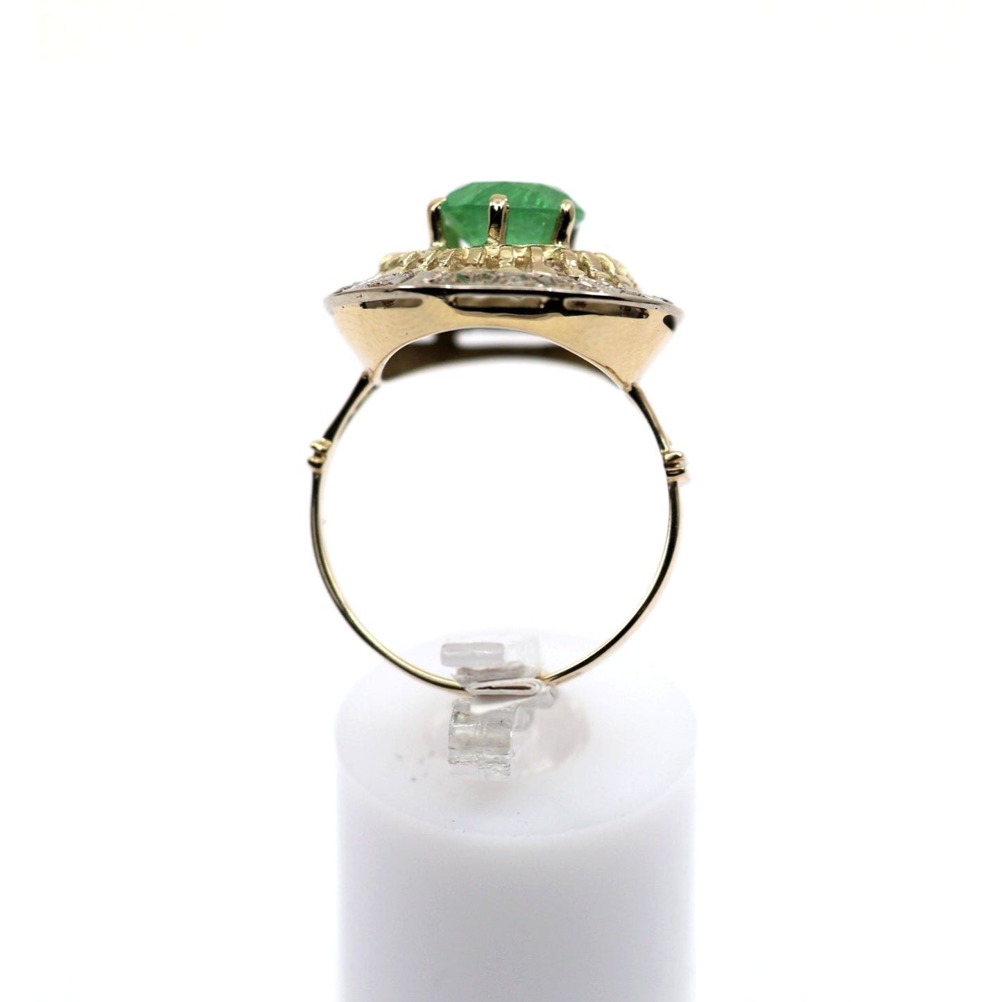 Vintage 14K Two Tone Gold Green Emerald Diamond Halo Cocktail Ring