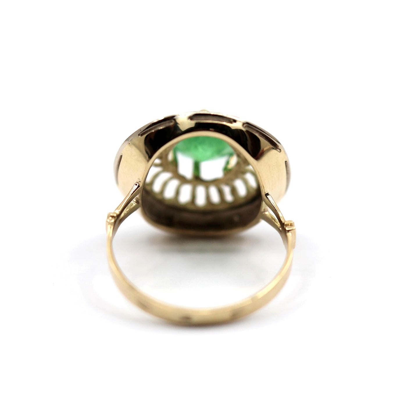 Vintage 14K Two Tone Gold Green Emerald Diamond Halo Cocktail Ring