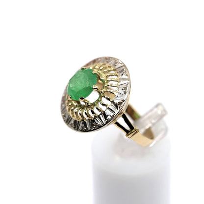 Vintage 14K Two Tone Gold Green Emerald Diamond Halo Cocktail Ring