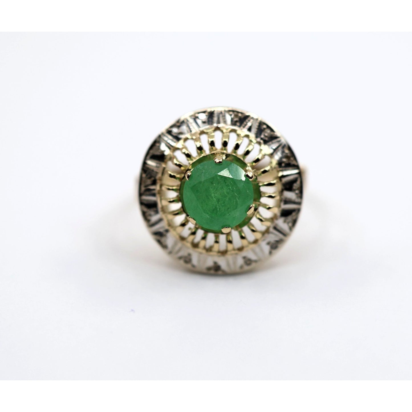 Vintage 14K Two Tone Gold Green Emerald Diamond Halo Cocktail Ring