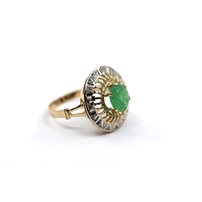Vintage 14K Two Tone Gold Green Emerald Diamond Halo Cocktail Ring
