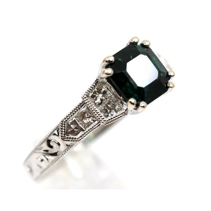 18K White Gold Emerald Cut Green Sapphire 0.40ct Princess Diamond Ring