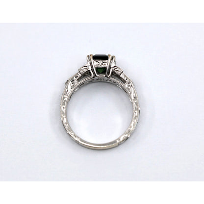 18K White Gold Emerald Cut Green Sapphire 0.40ct Princess Diamond Ring