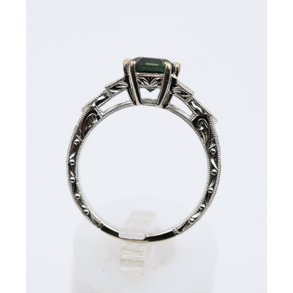 18K White Gold Emerald Cut Green Sapphire 0.40ct Princess Diamond Ring