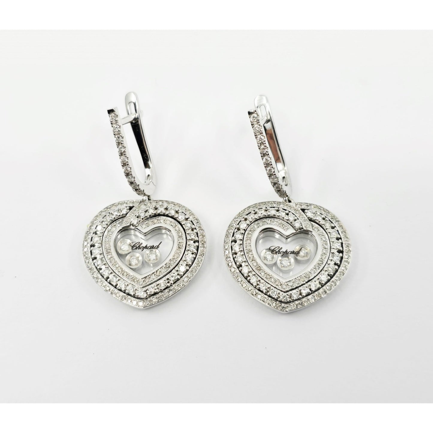 14K White Gold Round Cut Diamond Heart Shaped Hinged Earrings